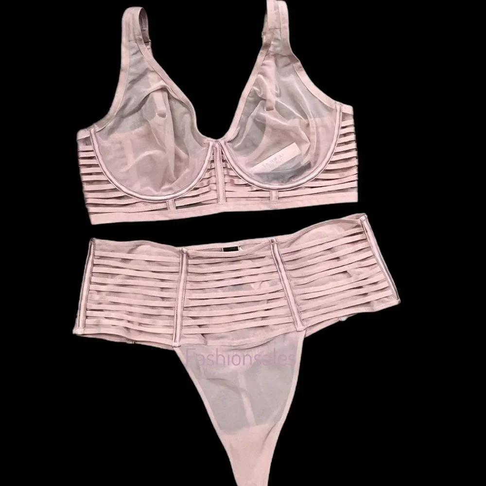 Victoria’s Secret Set Sexy Sheer Mesh Unlined Plunge bra & High Waist Thong pink